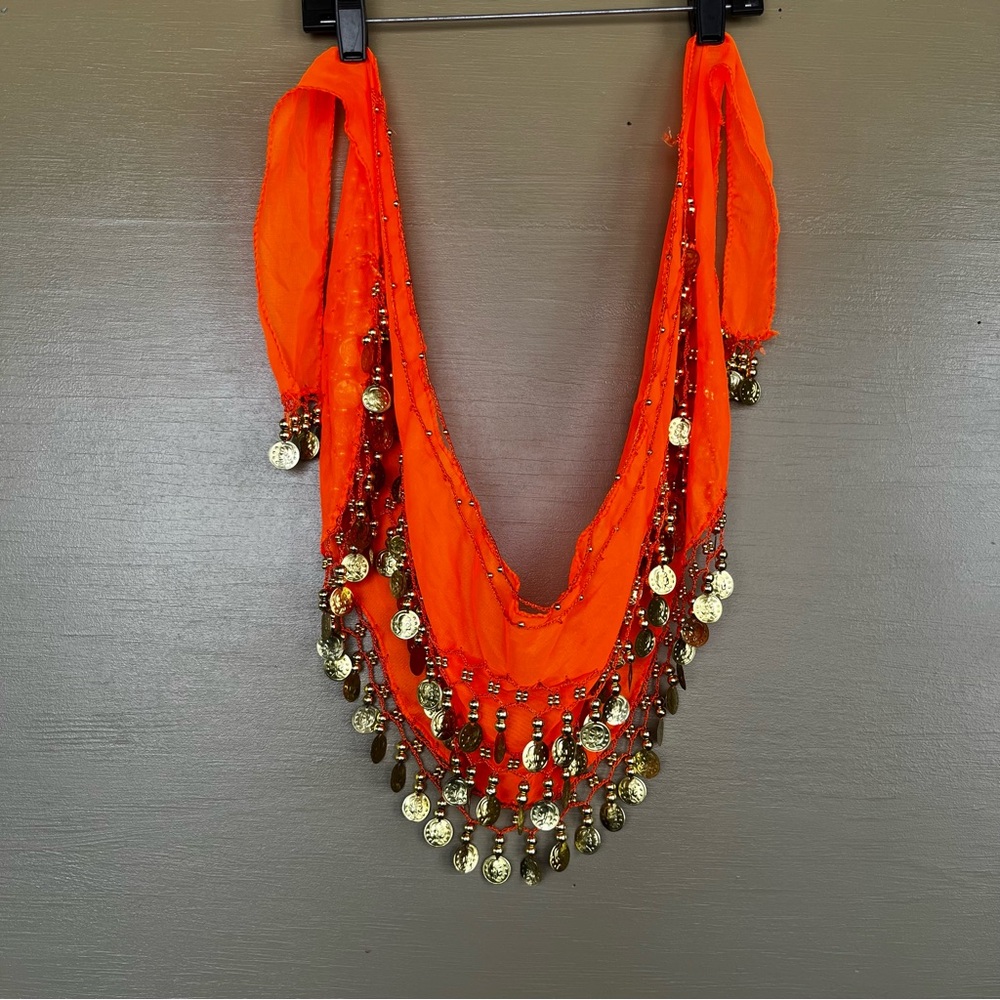 Orange Belly Dance Hip Scarf with Gold Coins